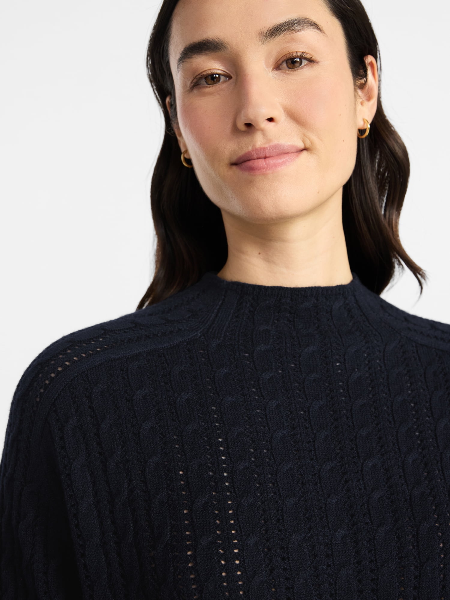 Time and Tru Women's Pointelle Mock Neck Pullover Sweater with Long Sleeves, Lightweight, Sizes XS-XXXL
