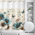 thumbnail image 2 of No Hook Shower Curtain, Teal Tulip Butterfly Shower Curtains for Bathroom with See Through Top Window, Turquoise Floral Farmhouse Beige Waterproof & Washable Bath Curtain 66"x72", 2 of 9