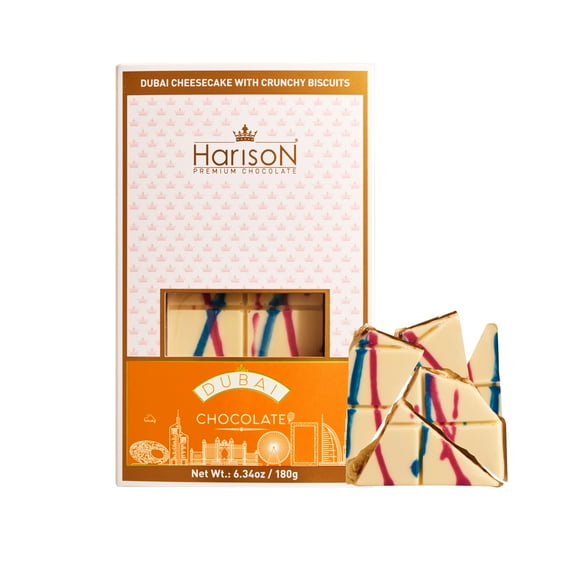 Harison Dubai White Chocolate Cheesecake Chocolate Bar with Biscuit Filling, 6.35oz (100g)