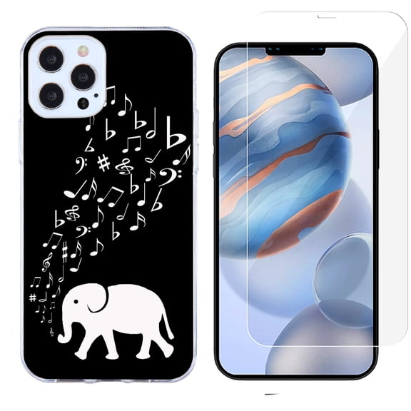 Slim-Fit Protective Phone Case compatible with iPhone 12 Pro Max, with Tempered Glass Screen Protector, by OneToughShield ® - Elephant Music