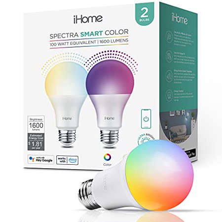 iHome Spectra Multicolor Smart WiFi Light Bulb, A21/E26 Ultra-Bright, 1600 Lumens, 2-Pack