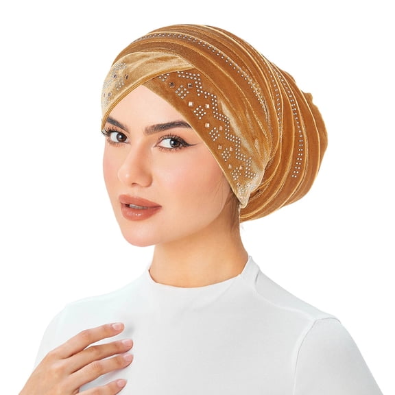 SwiftWear Women Velvet Studded Fold-Up Turban Hat, Headscarf & Beanie Easy Wear Slouchy Hijab Cap, Pre-Pleated Headwrap