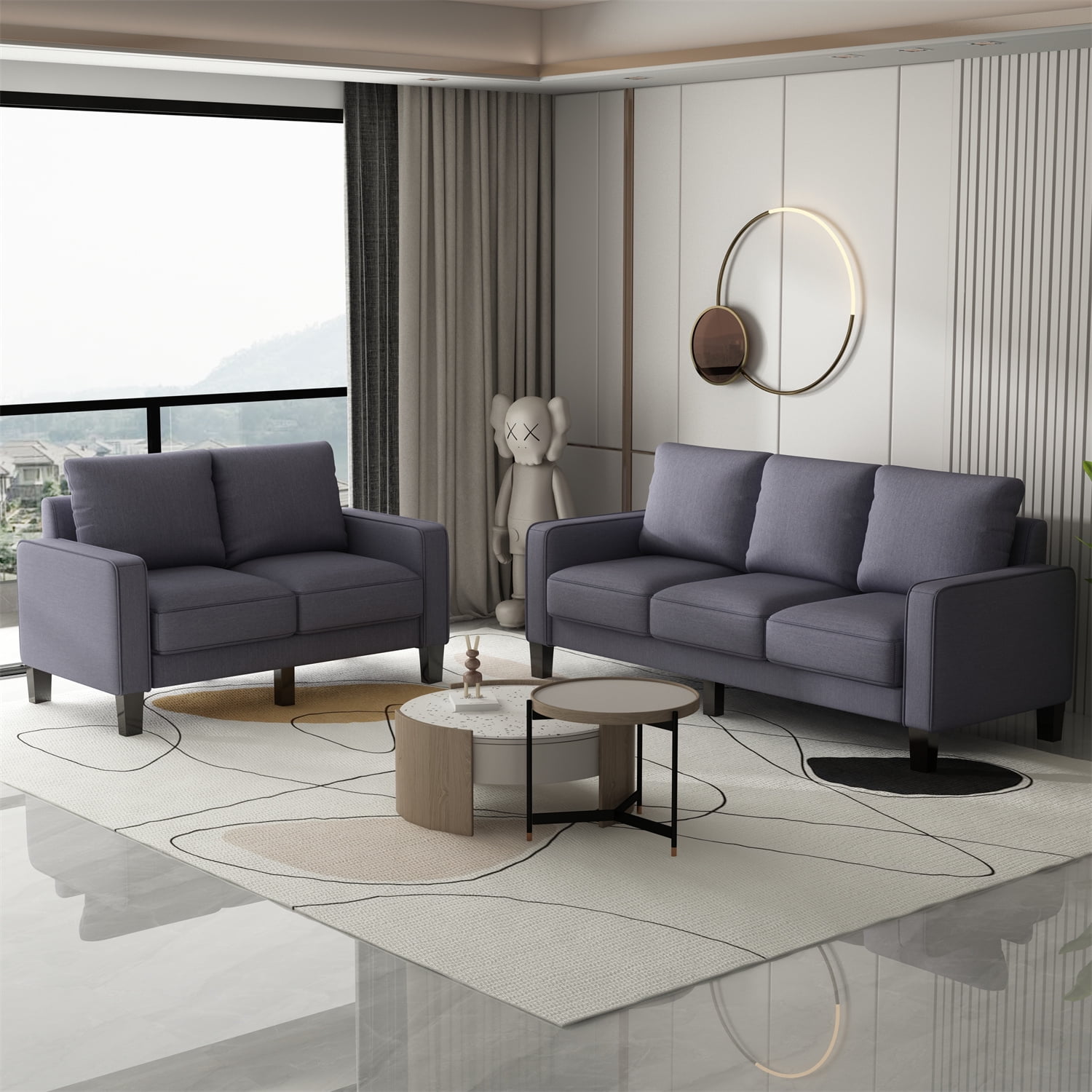 Modern Living Room Sofa Set, Upholstered Loveseat and 3-Seat Sofa with ...