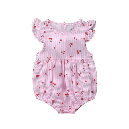 

Woshilaocai Infant Baby Girls Ruffle Romper Floral Striped Cherry Rompers Fly Sleeve Bodysuit Summer Sunsuit