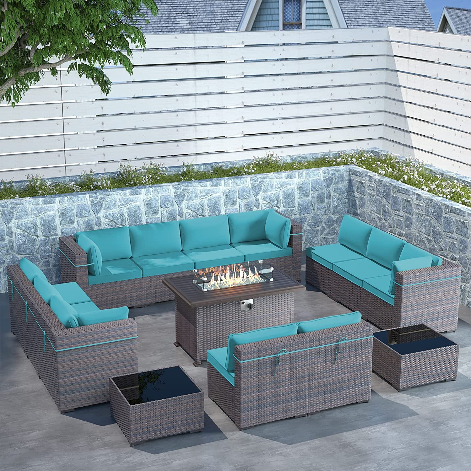 ALAULM 15 Piece Outdoor Patio Furniture Set with Gas Fire Pit Table