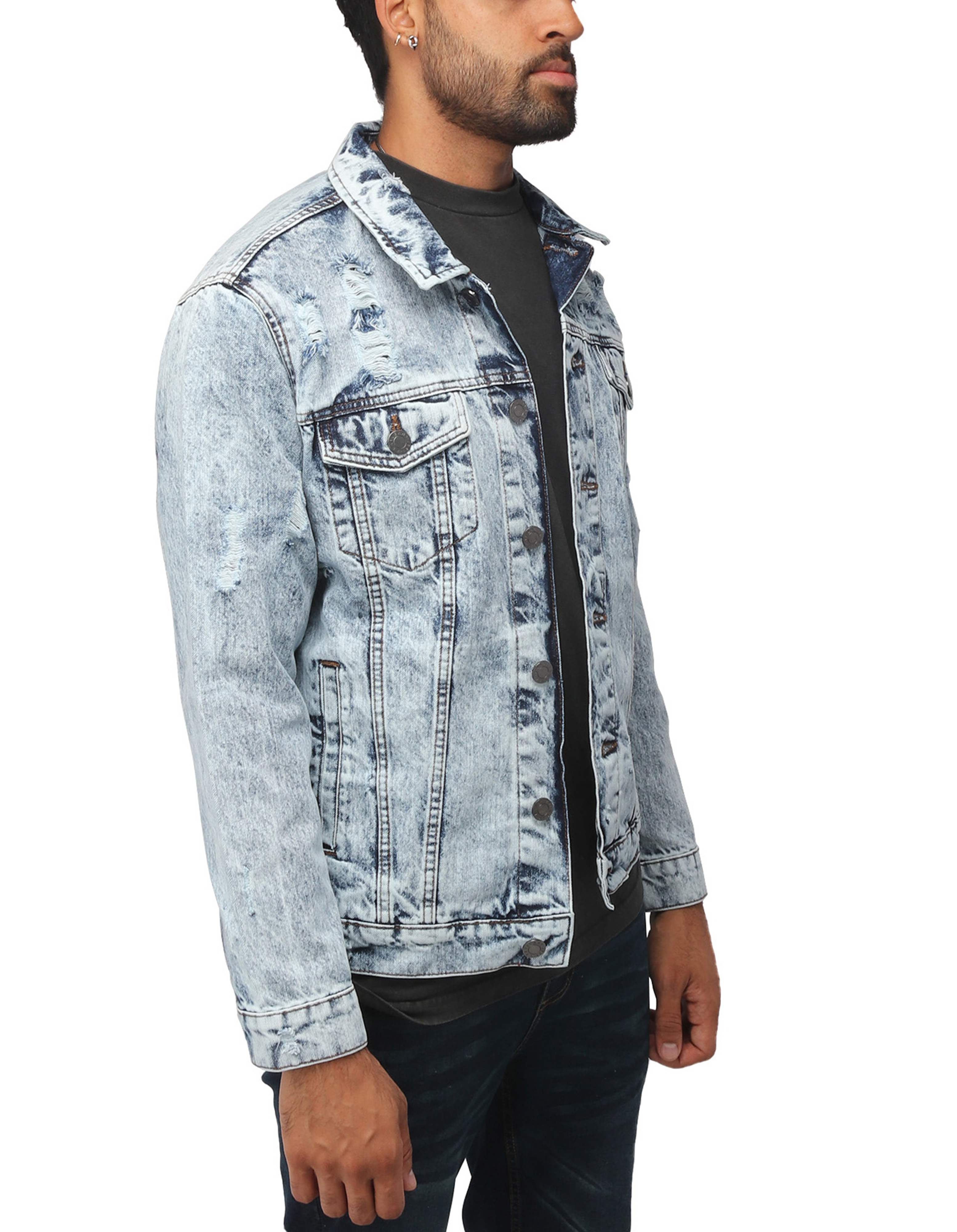 X RAY Men's Denim Jacket, Washed Ripped Distressed Flex Stretch Casual Trucker Biker Jean Jacket, Acid Blue - Ripped, Small - image 2 of 9