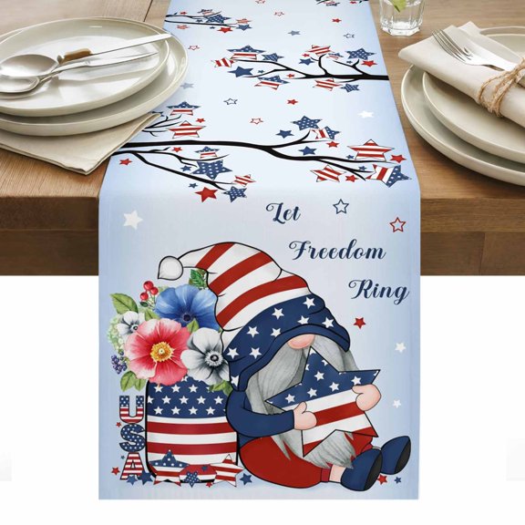 Independence Day Table Runner - 70 Inch Long, Kitchen Dining Table Runner Dresser Scarves, Red Blue Gnomes Usa Flag Star Tree Branch Farmhouse Decor for Coffee Tables Wedding Party Banquet