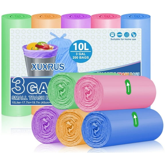 XUXRUS Small Trash Bags 200 Counts 3 Gallon Colorful Garbage Bags for Bathroom Kitchen Office,Fit 8-12L Trash Can