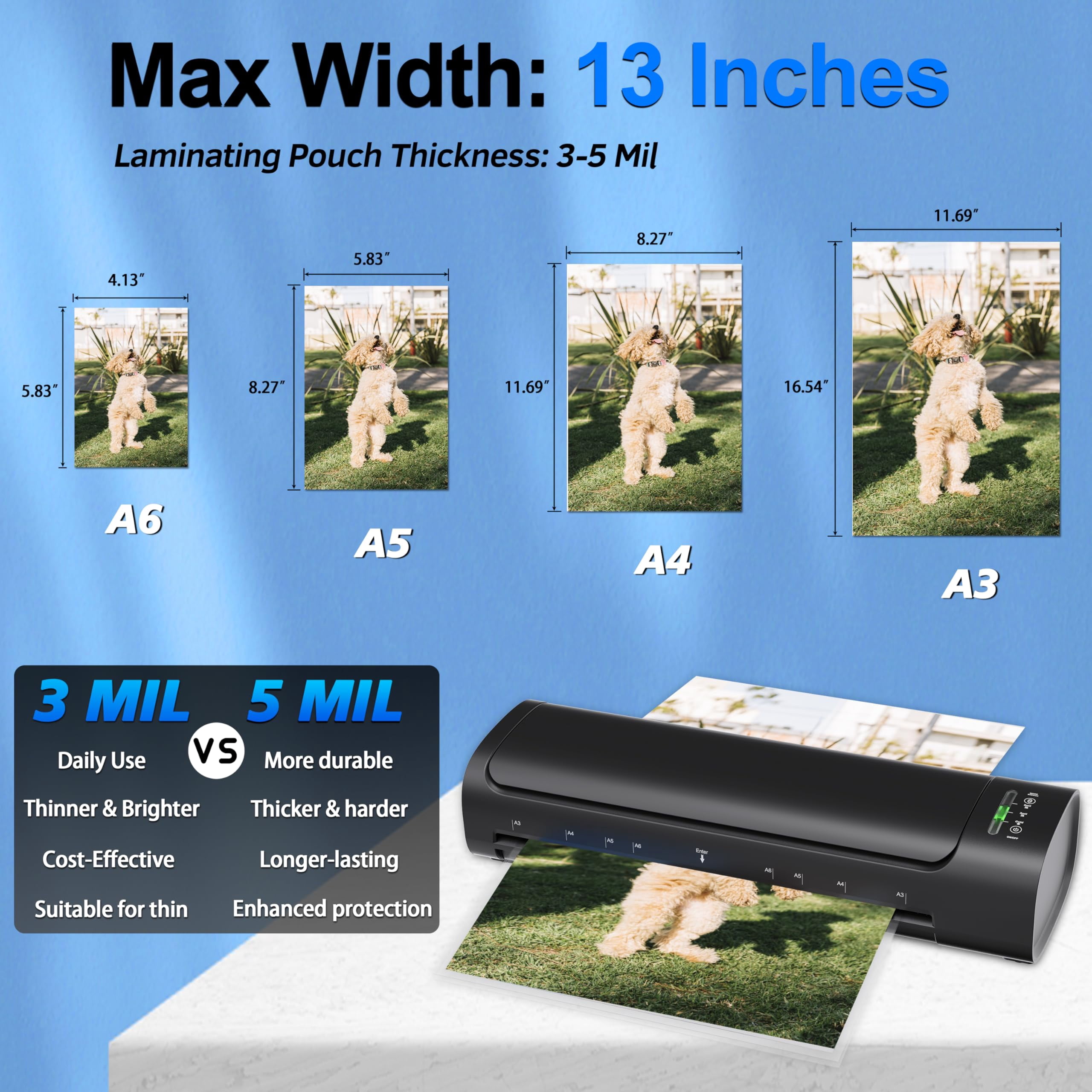 13 Inch Laminator Machine with 30 Laminating Sheets, A3 11-in-1 Hot & Cold Thermal Laminator for Teachers, 60S Fast Warm-Up, 450mm/min, Never-Jam Design Laminate Machine for Home, Office, School