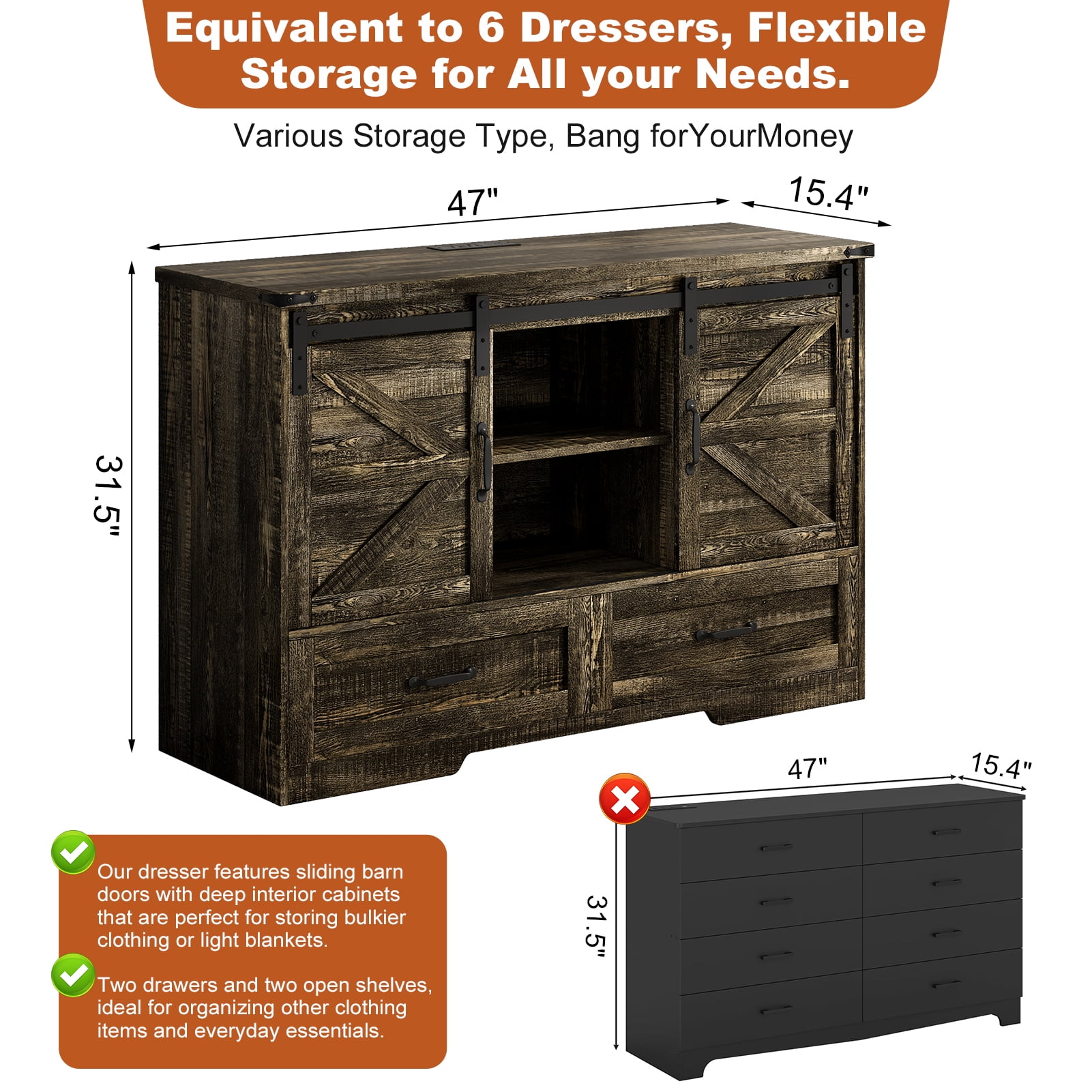 ChVans 47'' Farmhouse Dresser with LED Light & Power Outlet,  2 Drawers, 2 Sliding Doors, 2 Storage layers, Rustic Dresser TV Stand for 60in TV, Wood Storage Cabinet for Bedroom, Living Room, Hallway