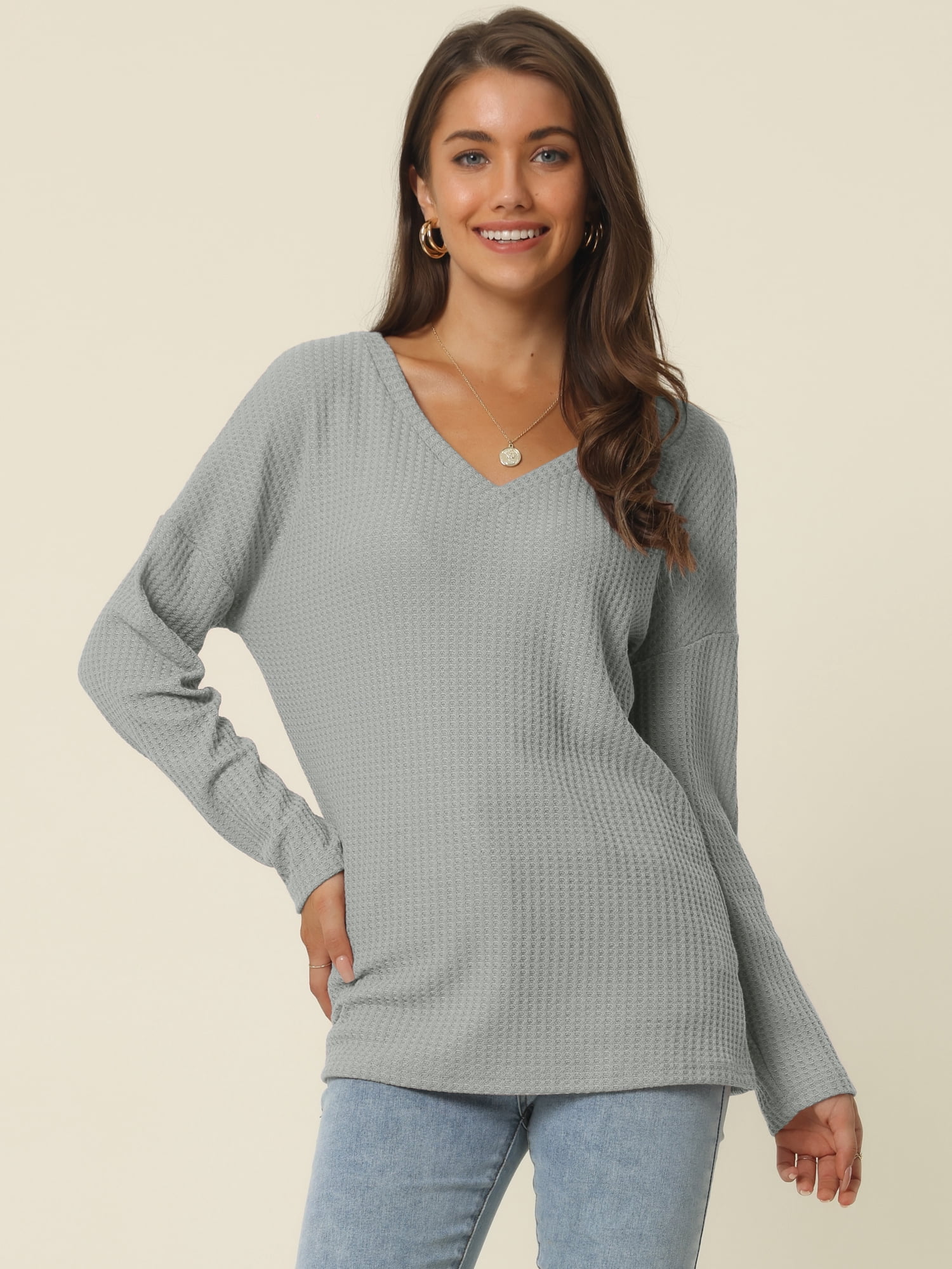 Women's Waffle Knit V Neck Long Sleeve Casual Blouse Lightweight Top L Grey