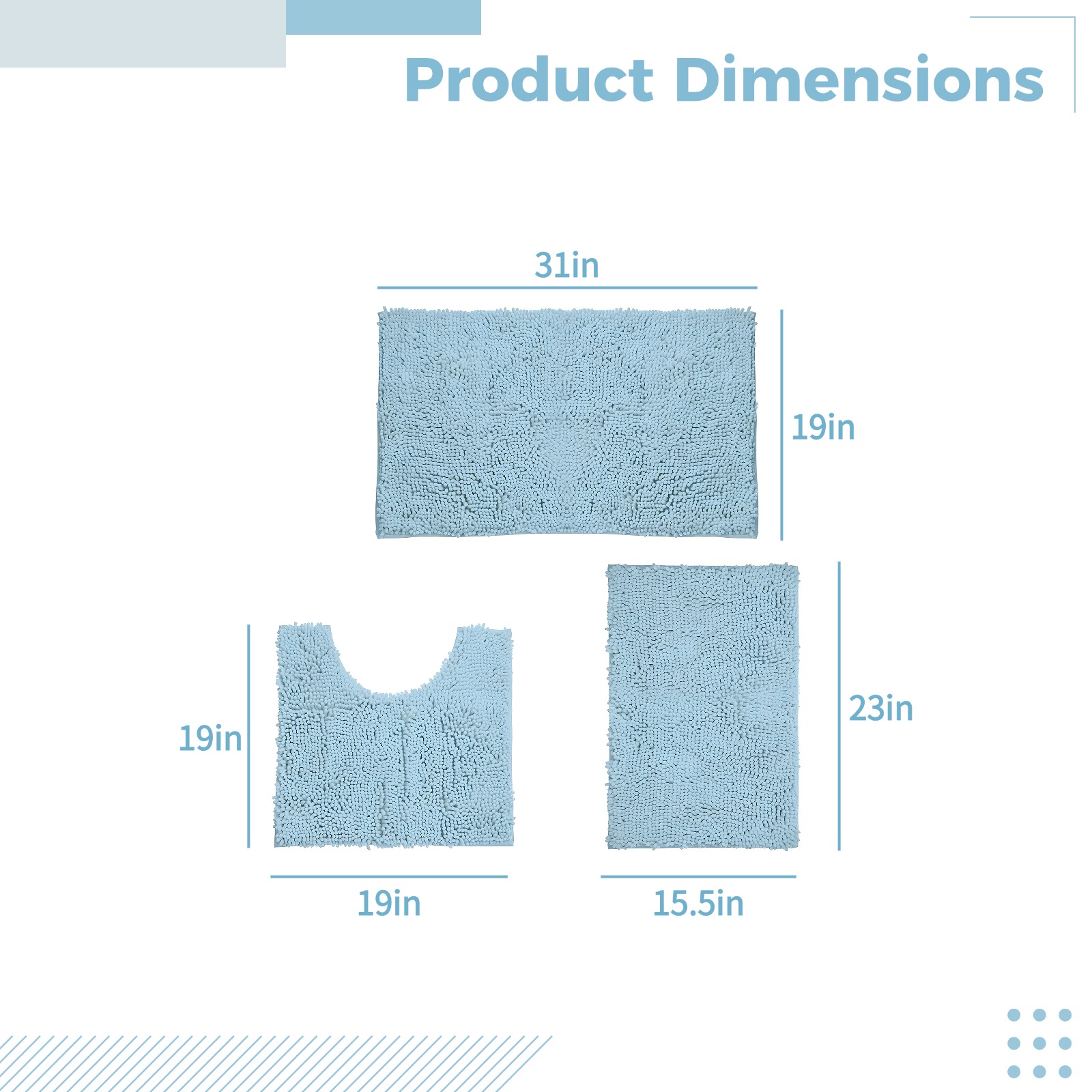 Chenille Bath Rug Set, 3 Piece Ultra Soft & Non Slip Bathroom Mats, Quick Dry Toilet U-Shaped Mat with High Absorbency, Sky Blue