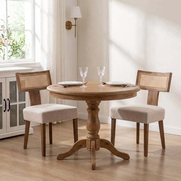 Guyou Modern Rattan Backrest Dining Chairs Set of 2, Mid-century Farmhouse Linen Upholstered Kitchen Chairs Solid Wood Side Chairs for Kitchen Dining Room Living Room, Beige