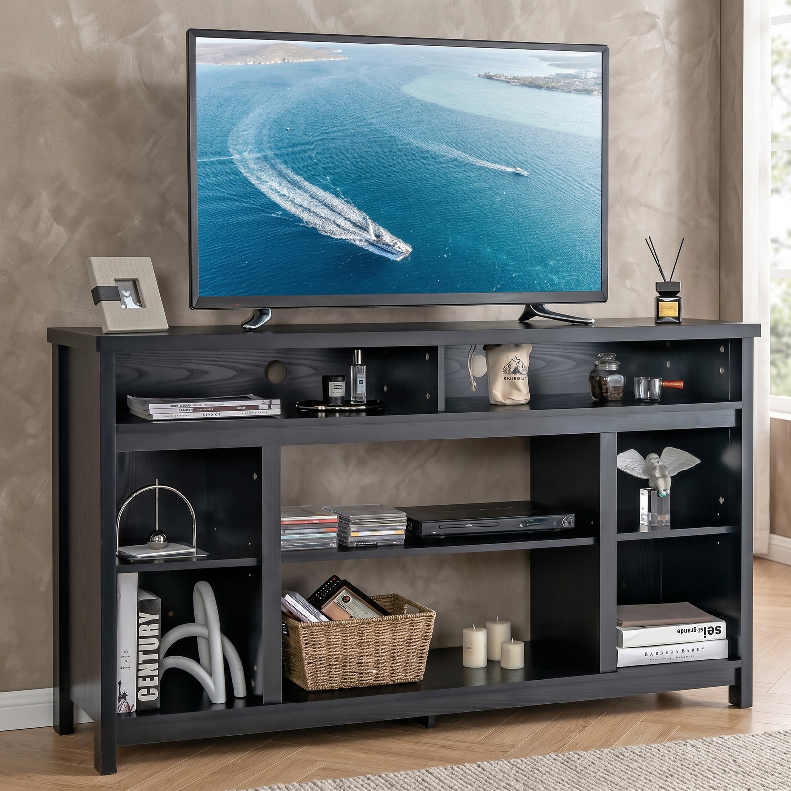 Furnibear 58 Inch TV Stand Entertainment Center Console with Adjustable Open Shelves and Cable Management for TVs up to 65 Inch, Engineered Wood Media Console, Black