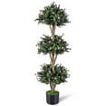 thumbnail image 1 of Gymax 51'' Artificial Triple Ball Boxwood Topiary Tree w/ 59 Blossoms for Porch Home Green & Black & Purple, 1 of 7