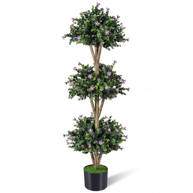 Gymax 51'' Artificial Triple Ball Boxwood Topiary Tree w/ 59 Blossoms for Porch Home Green & Black & Purple