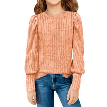 ITSAME Girls Long Sleeve Shirts, Solid Color Round Neck Casual Rib Knit Top Orange 11T