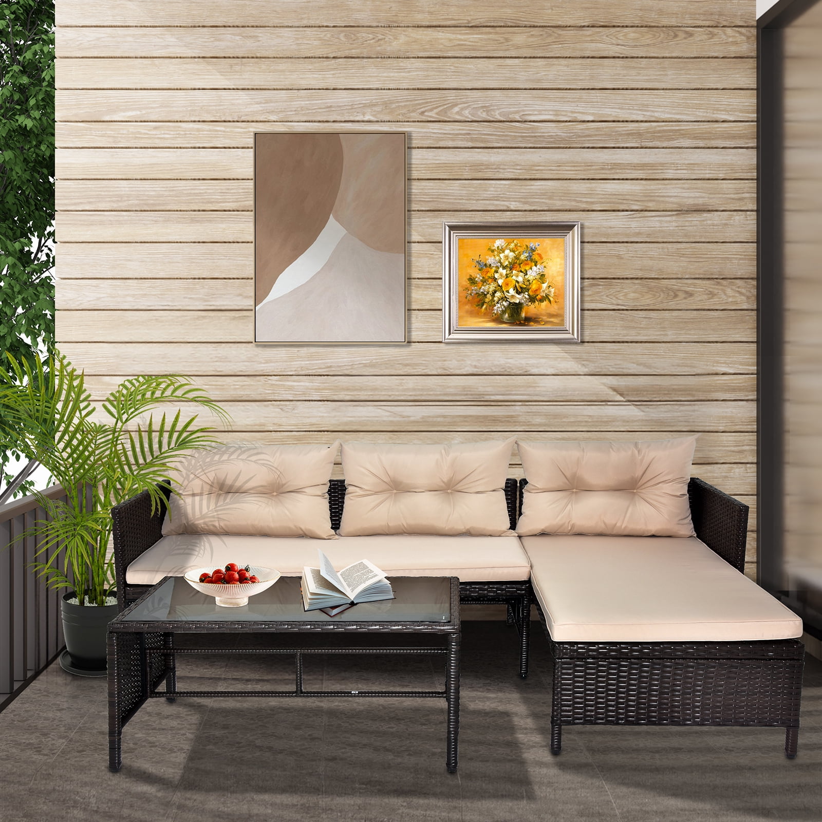 3 PCS Patio Sectional Sofa Conversation Set, All Weather Rattan Patio Furniture Set, Brown Outdoor Chaise Lounge Set with Cushion and Table, Deck Backyard Porch Furniture