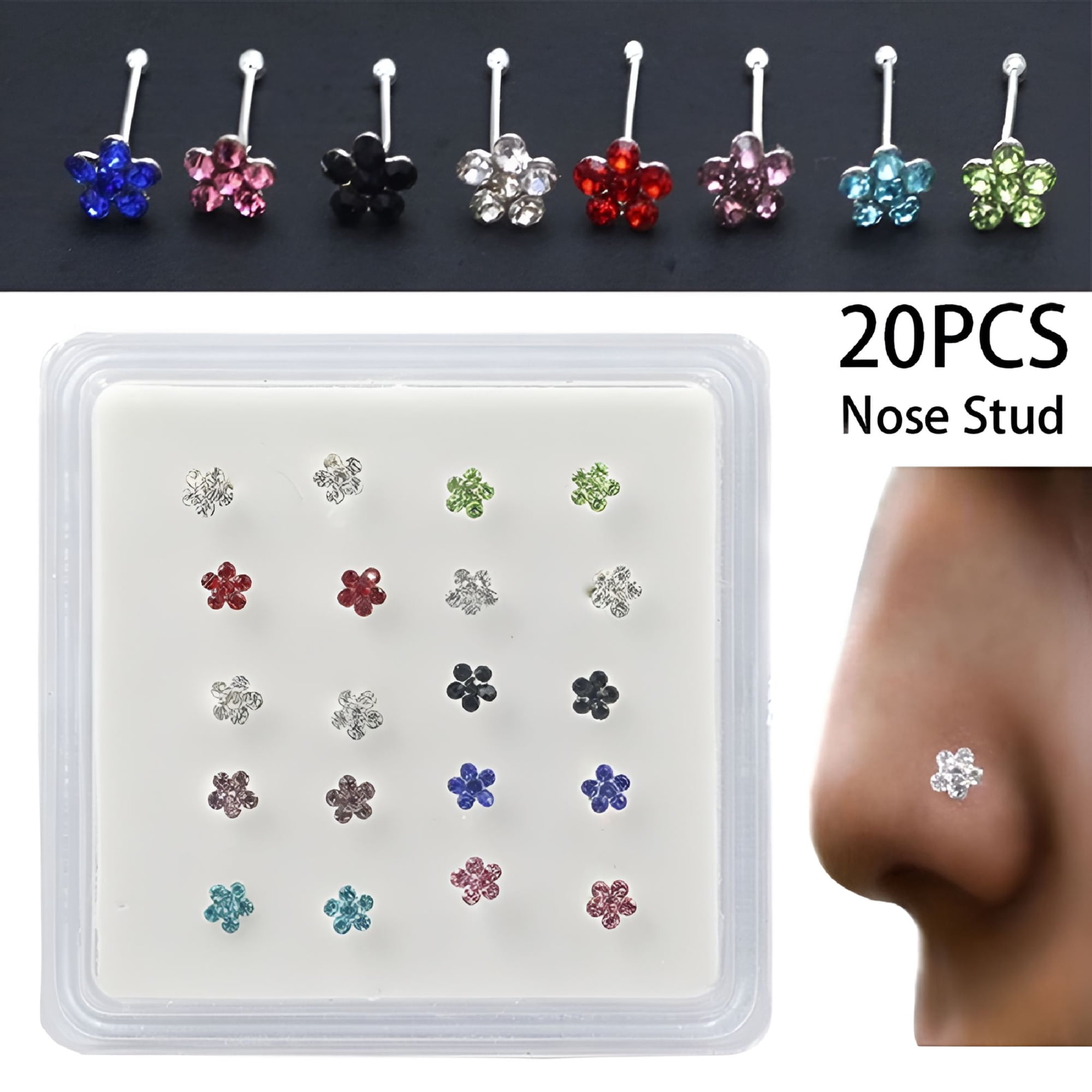 DESIGNICE 20 Pcs 925 Silver Nose Studs, Silver Plated Flower Rhinestone Body Piercing Jewelry with Storage Box for Daily Wear