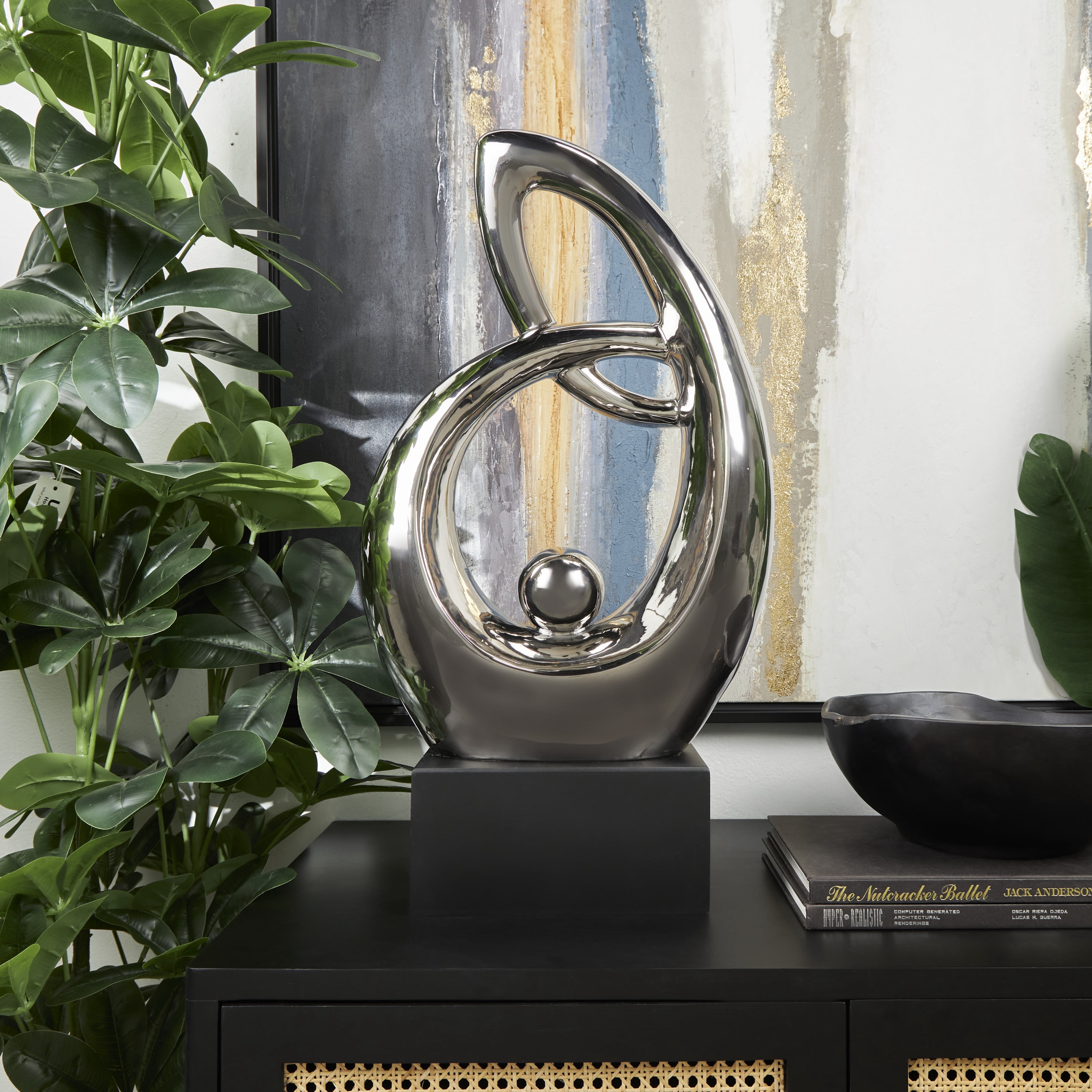 14" x 25" Silver Ceramic Looped Abstract Sculpture with Black Block Base, by DecMode