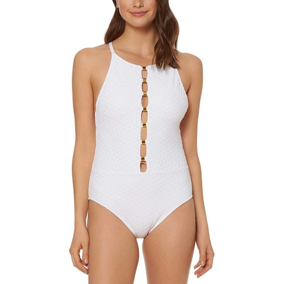 Blue by Rod Beattie Women’s Textured High-Neck Low-Back One-Piece Swimsuit, White, 10