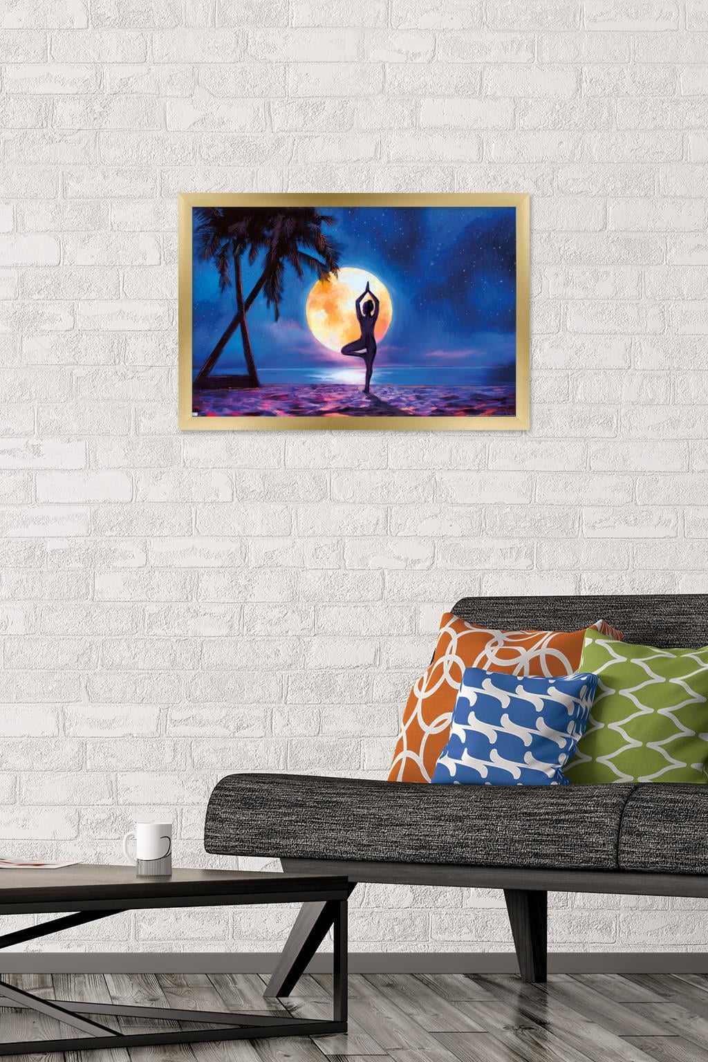 PD Moreno - Fine Art - Yoga Moonlight Beach Wall Poster, 14.725" x 22.375" Framed