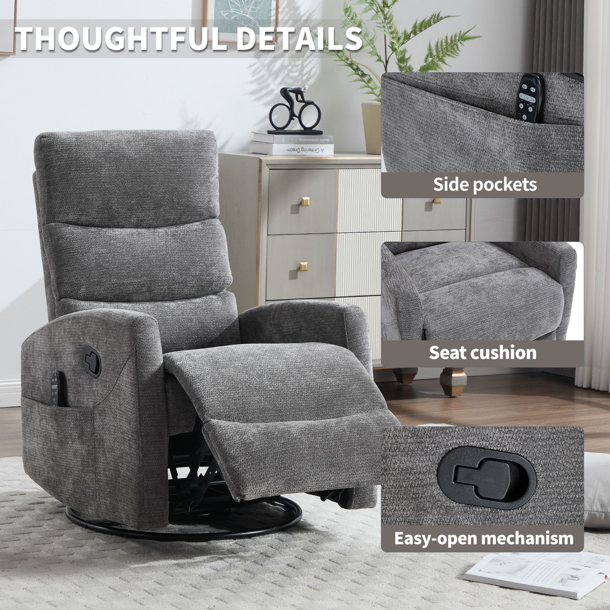 MAYEERTY 360 Degree Swivel Rocker Recliner Chair, Manual Recline Glider Chair with 8-Point Vibration Massage & Lumbar Heat, for Living Room Nursery Bedroom