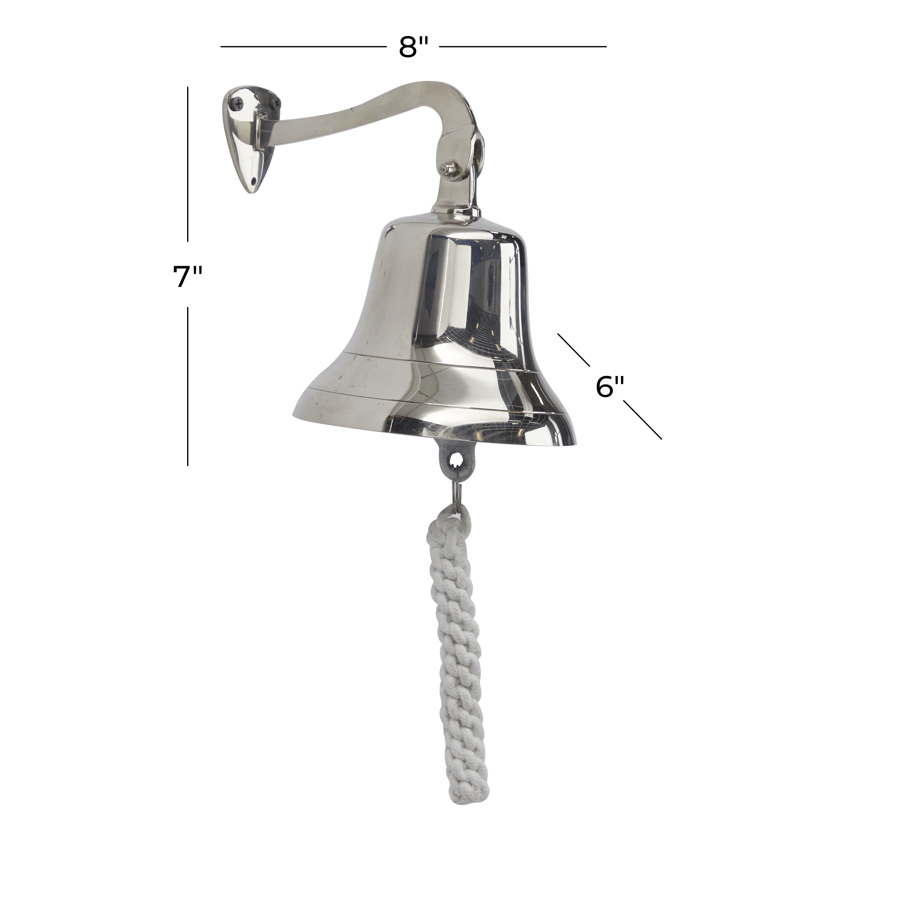 DecMode Silver Brass Bell Decorative Bell with Rope Detailing