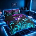 thumbnail image 2 of meiyoeat Neon Twin Bedding Sets for Boys, Sci-Fi Purple Cyan Gaming Bedding Comforter Set, Black Reversible 7-Piece, 2 of 6