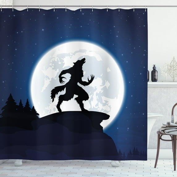 Ambesonne Wolf Shower Curtain, Halloween Theme Design, 69"Wx75"L, Dark Blue Black White