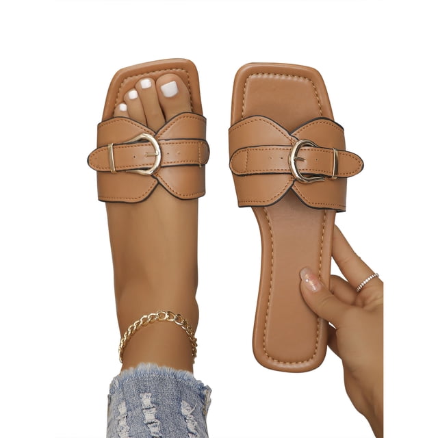 LSLJS Straight-line Belt Buckle Decorated Solid Color Rectangula Open Toe Sandals, Womens Sandals