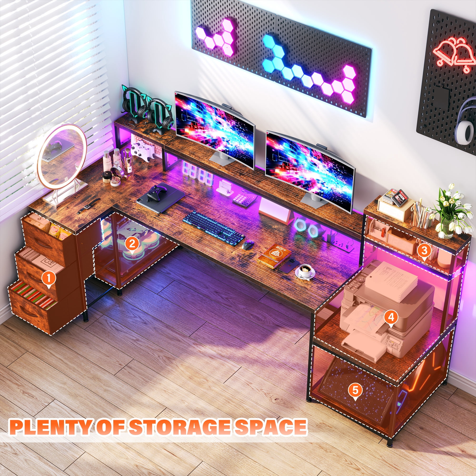 EnHomee 70.9" L Shaped Gaming Desk with Drawers, Computer Desk with Power Outlet & LED Lights, Home Office Desk, Rustic Brown