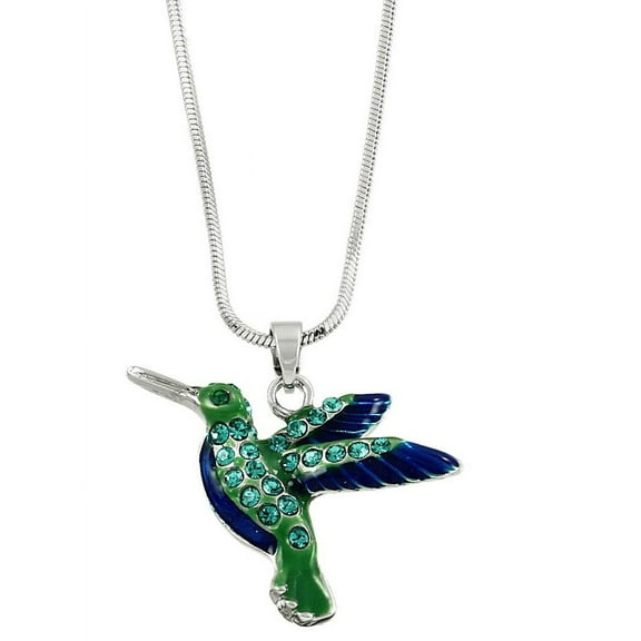 Hummingbird Pendant Necklace Rhinestone Crystal Rhodium High Polished J1534