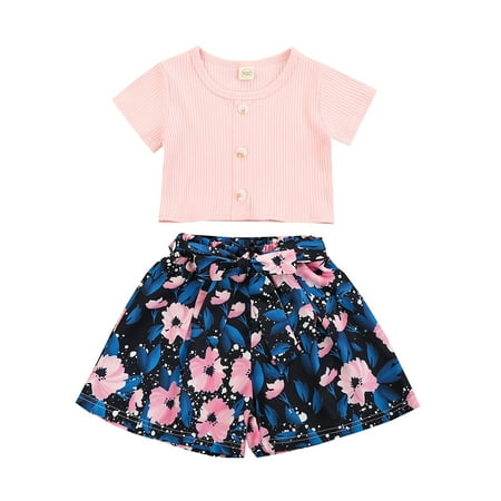 

Carolilly Girl’s Fresh Short Sleeve Tops and Flower Short Pants with Waistband