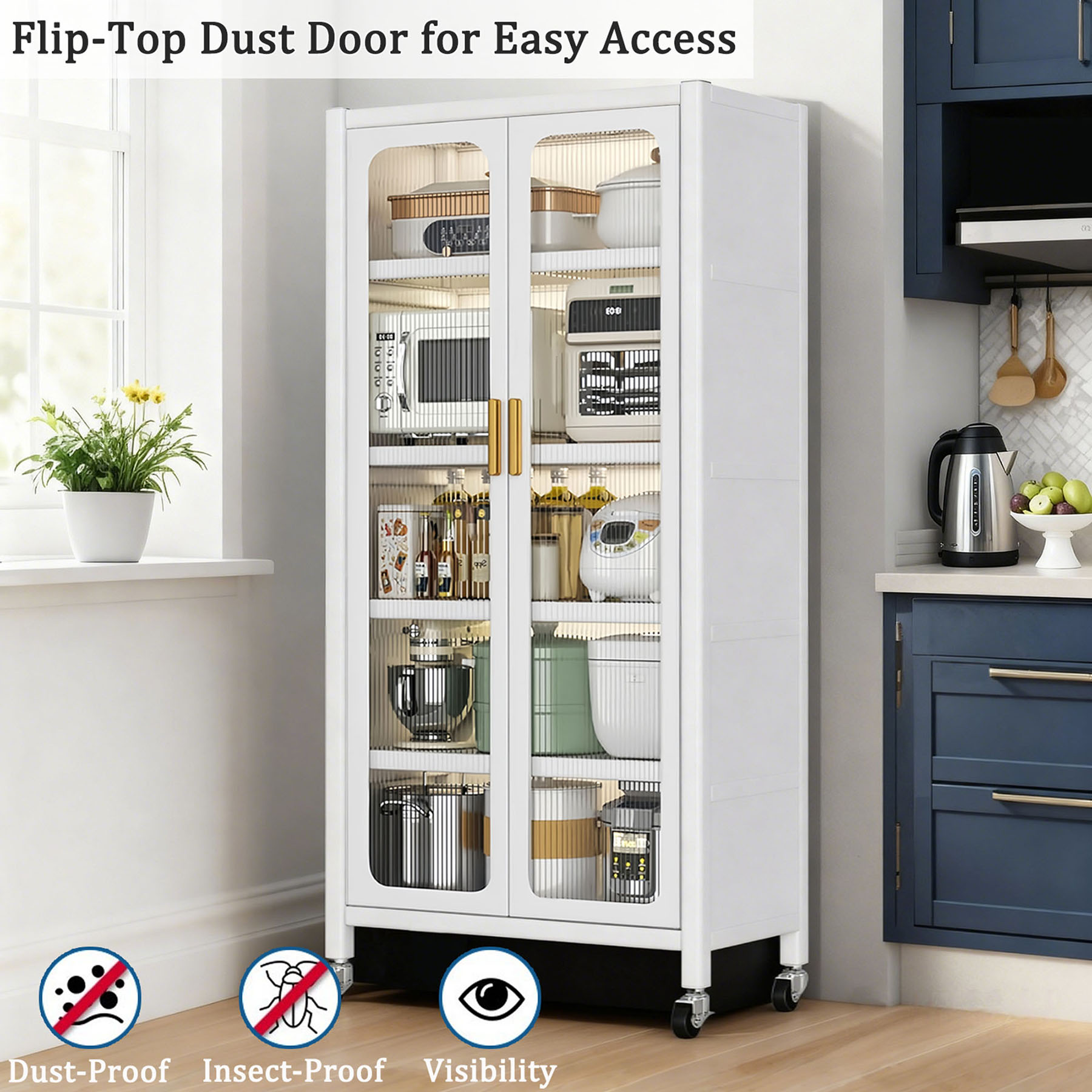 S-HOME 65 Inch Kitchen Pantry Storage Cabinet, White Metal Display Storage Cabinet with Wheels, Adjustable Shelves for Home