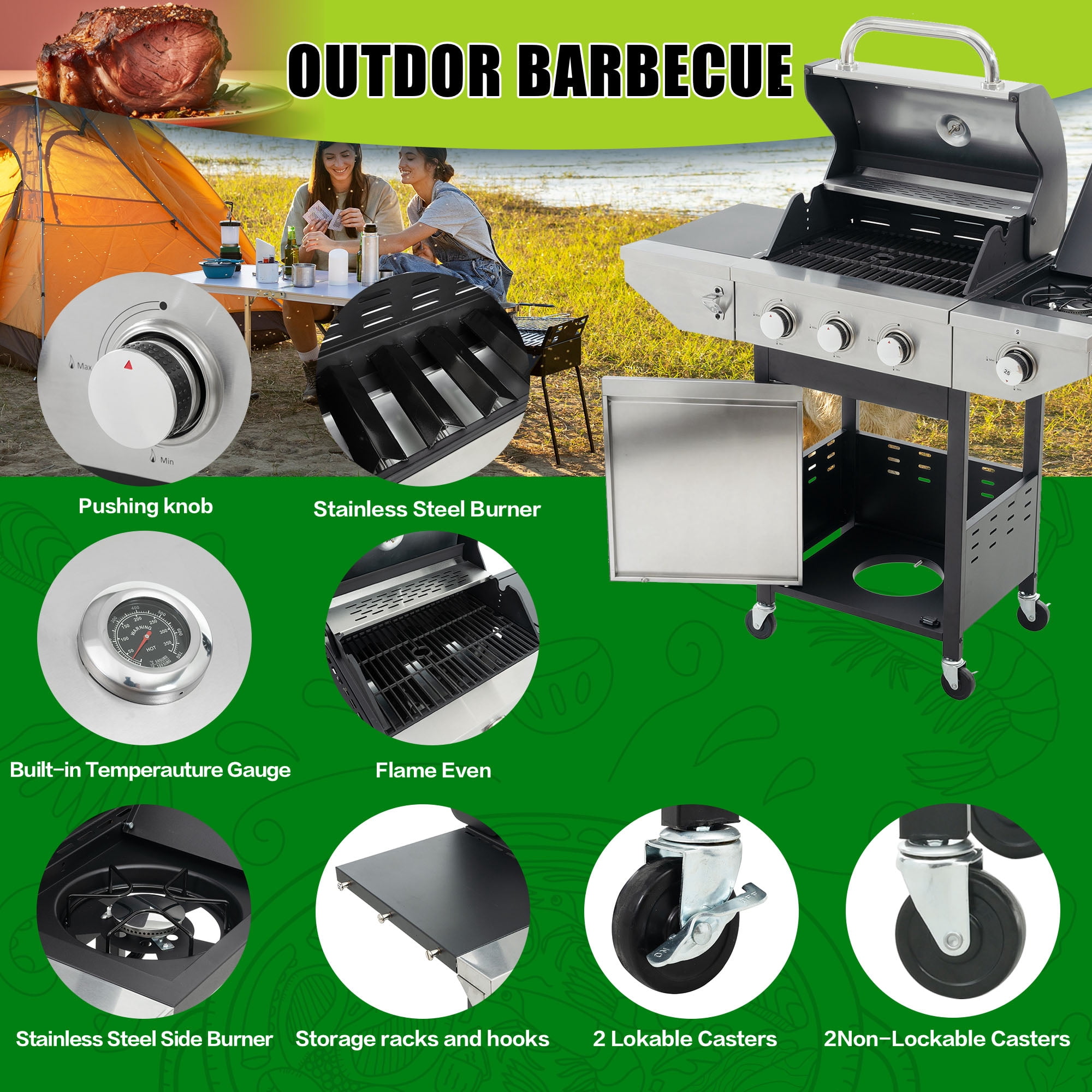 Holaki 3-Burner Propane Gas Grill with Side Burner, Stainless Steel, 37,000 BTU, Thermometer, Outdoor Bbq Grill