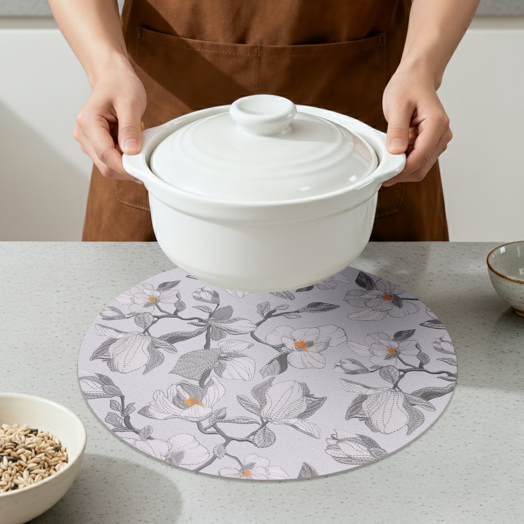 Unique Bargains 6pcs Faux Leather Floral Placemats Gray 13"x13"