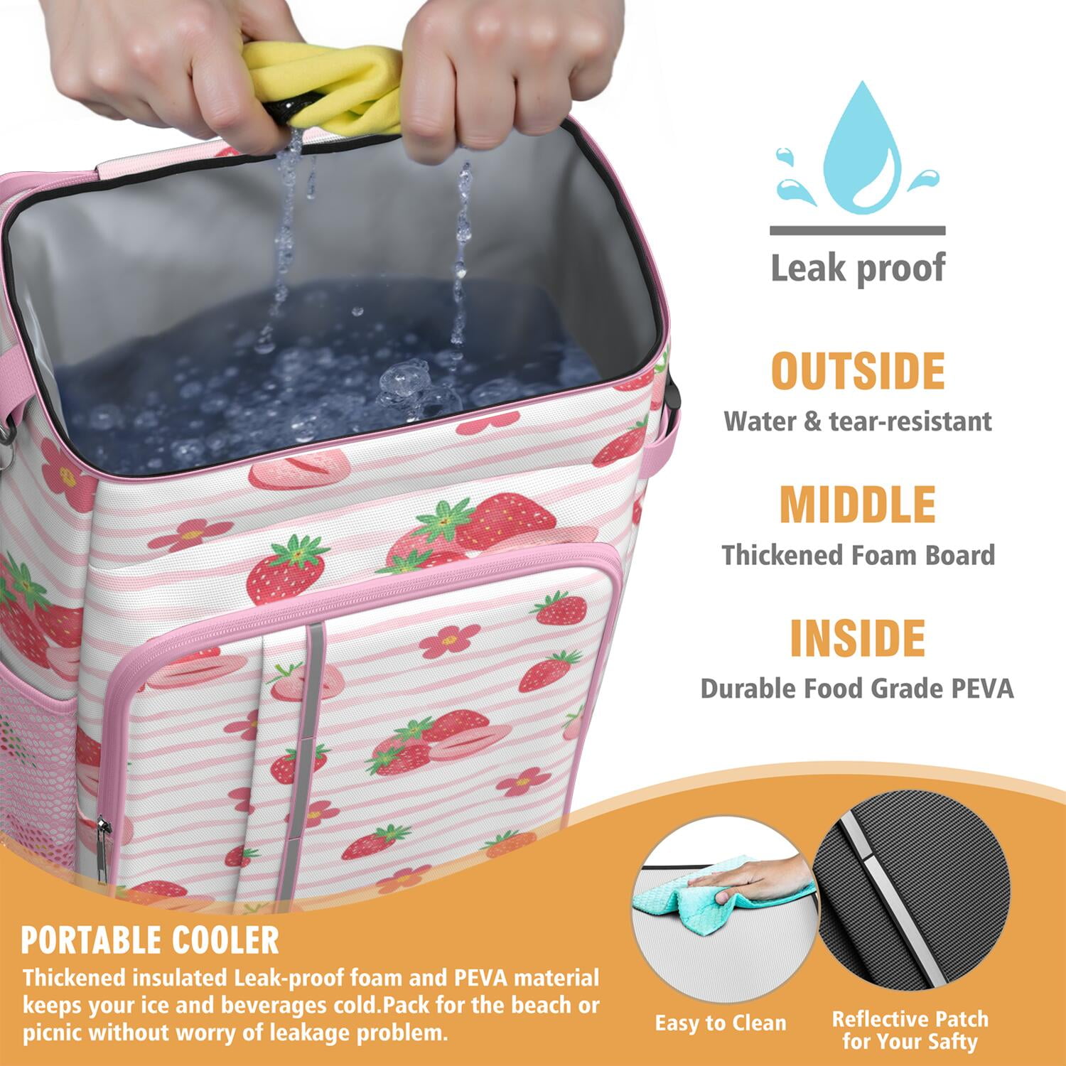 Insulated Cooler Backpack,Soft Backpack Coolers Insulated Leak Proof Travel Cooler Bag Waterproof Lunch Picnic Beach Work Trip Thermal Bag Drink Beverage Beer Bag Cooler Strawberry
