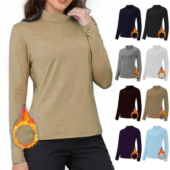 VgaVtl Long Sleeve Women Thermal Shirts Turtleneck Winter Womens Undershirts Plus Size Slim Casual Warm Elastic Yellow Tops
