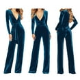 thumbnail image 2 of Classic Style Women Velvet Overalls Long Sleeve V Neck for Fall Fashion, 2 of 10