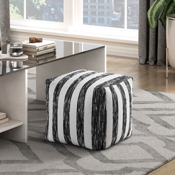 Newboti Furniture Modern Pouf Black and White Striped Fabric Upholstered Ottoman, Non-Slip Floor Pouf, Bean Bag Chair, 1pc Sitting Pouf BN.7952
