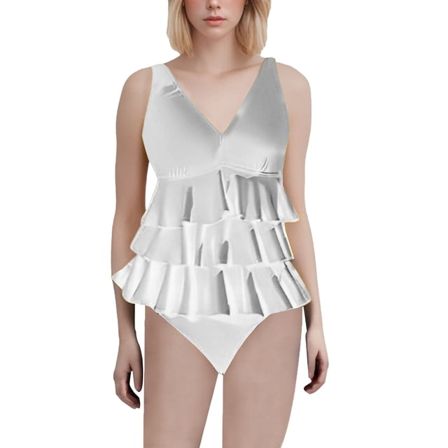 Duoif Maillot de Bain une Pièce pour Femmes, Maillot de Bain à Volants, Robe de Bain Rétro Couvrante, Maillots de Bain pour Femmes, Contrôle du Ventre, Blanc G