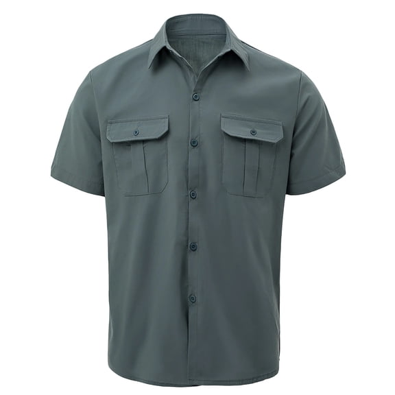 Ecqkame Men's Dress Shirts Solid Color Lapel Collar Button Down Short Sleeve Business Casual Daily Versatile Shirt Gray XL