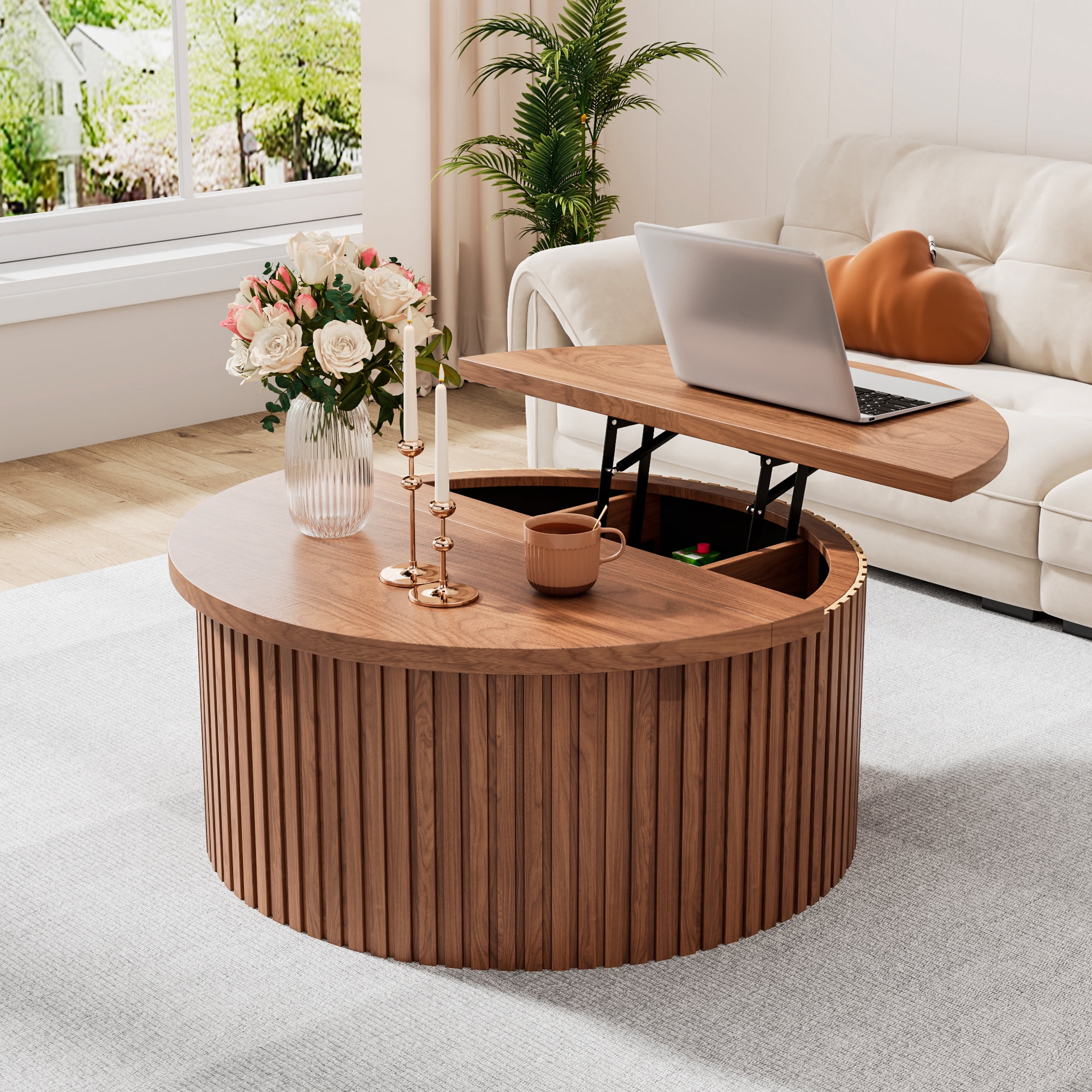 Round Lift Top Coffee Table with Storage Farmhouse Center Table with Hidden Compartment Circle Sofa Table for Living Room Walnut