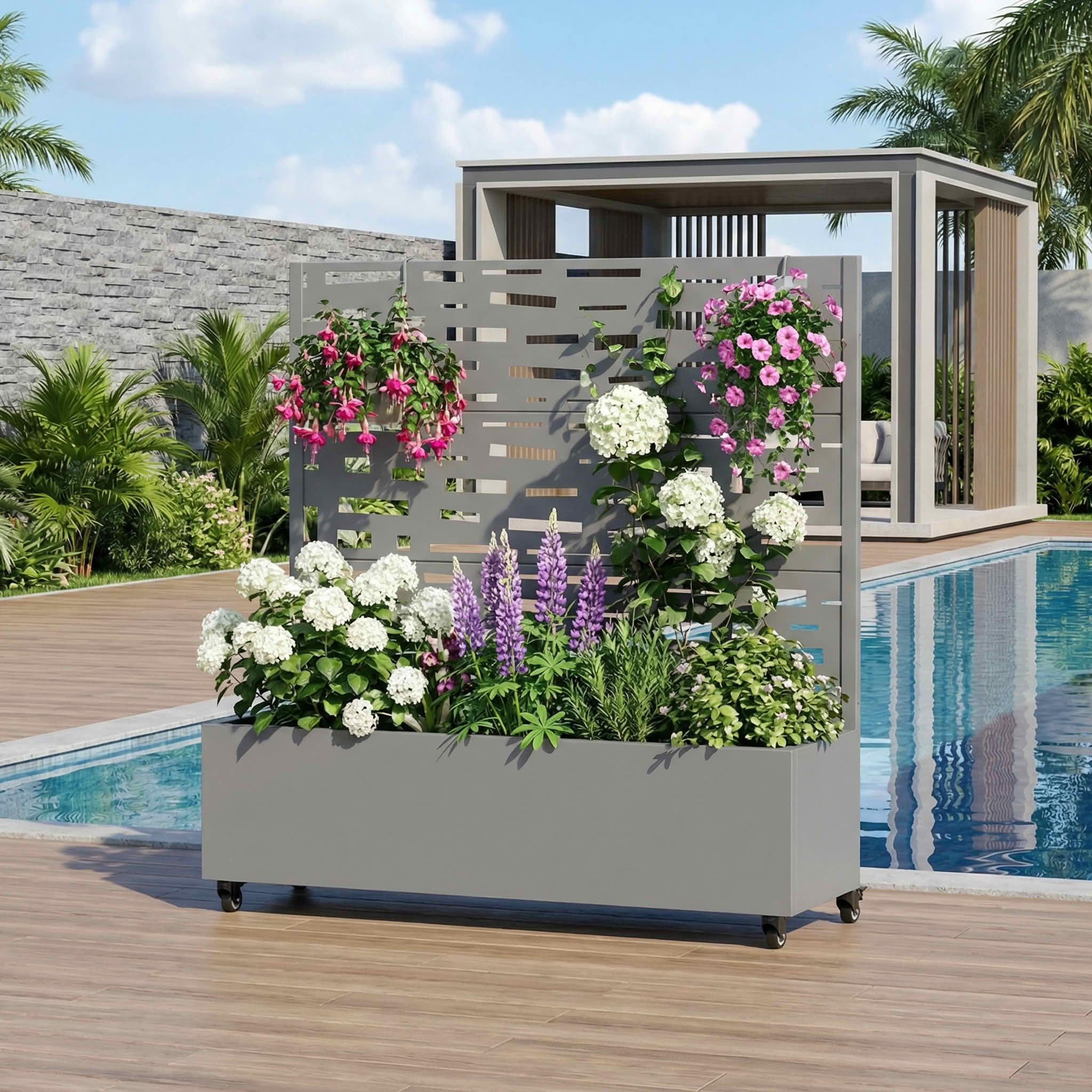MAYEERTY 47X47" Metal Outdoor Gray Privacy Screen with Planter Box for Backyard & Garden, 3 Piece Set