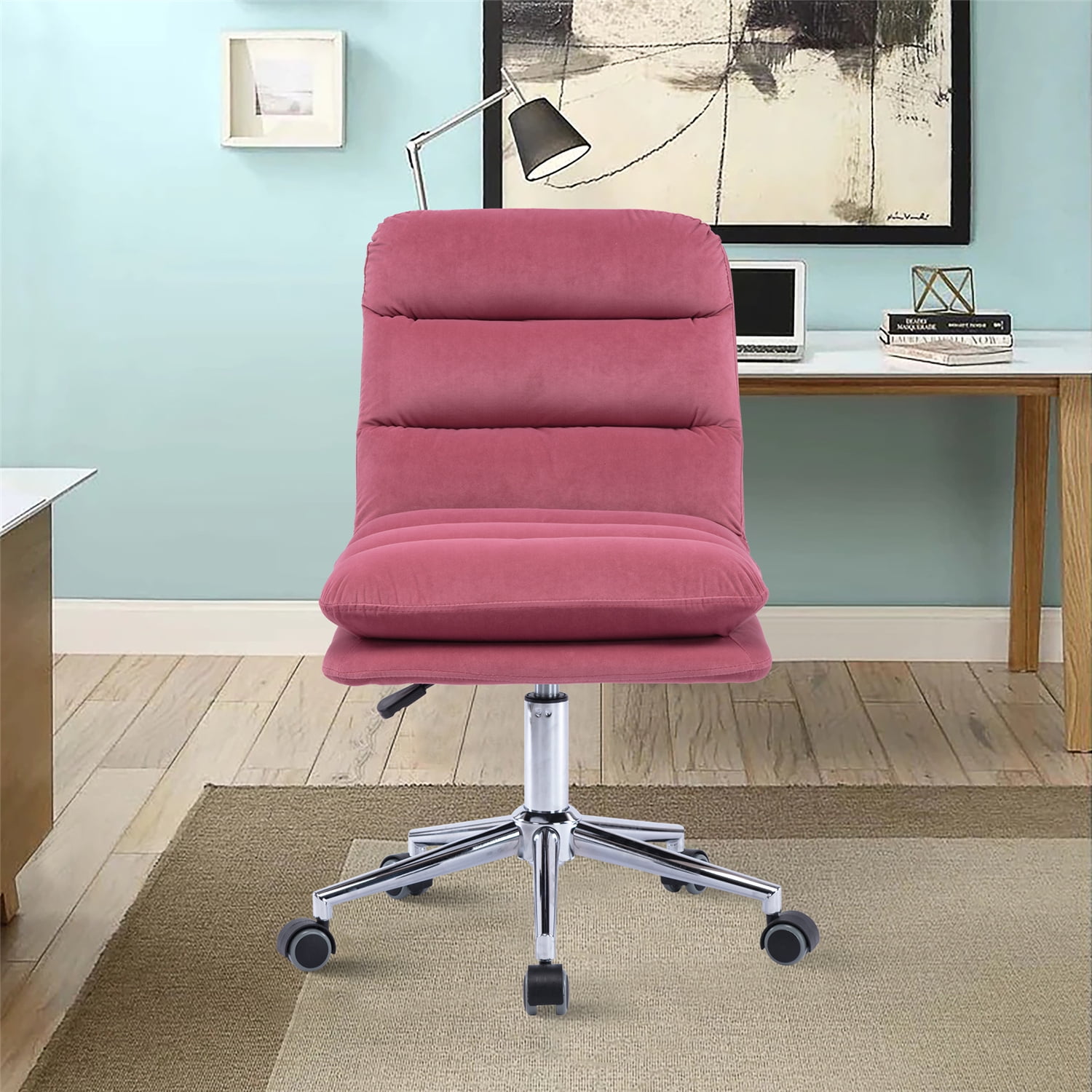 Velvet Home Office Chair, Swivel Armless Task Chair Upholstered Rolling