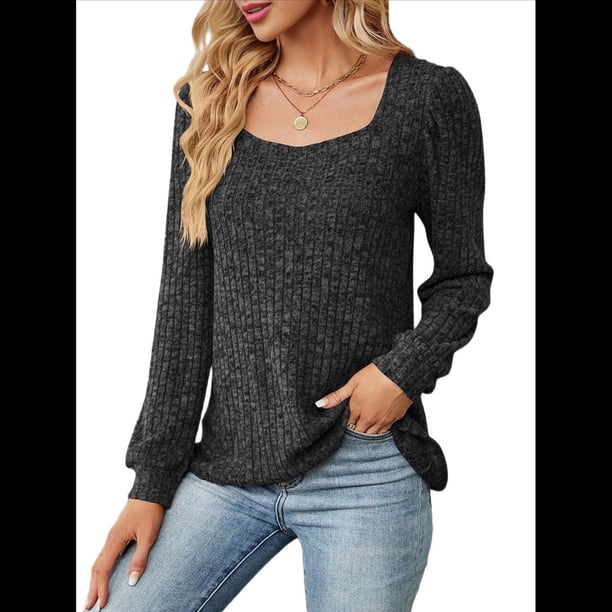 Blusa de Punto Acanalada de Larga para Mujer, Holgada, Suave, , con Cuello Cuadrado, Informal, Tipo Suéter. Negro L