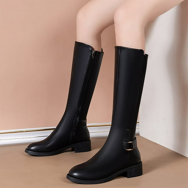 YOUSNH Bottes Mi-Mollet en Cuir pour Femme Automne/hiver Mode en Cuir Bottes Décontractées Confortables au Tempérament Bottes pour Femmes Noir 7