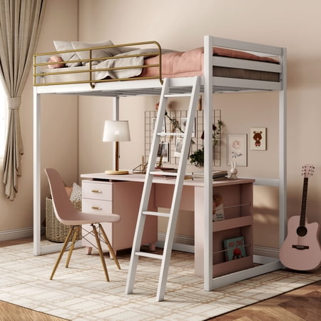 Furniture of America Two-Tone Kids Metal Twin Loft Bed with Guardrails, White and Gold