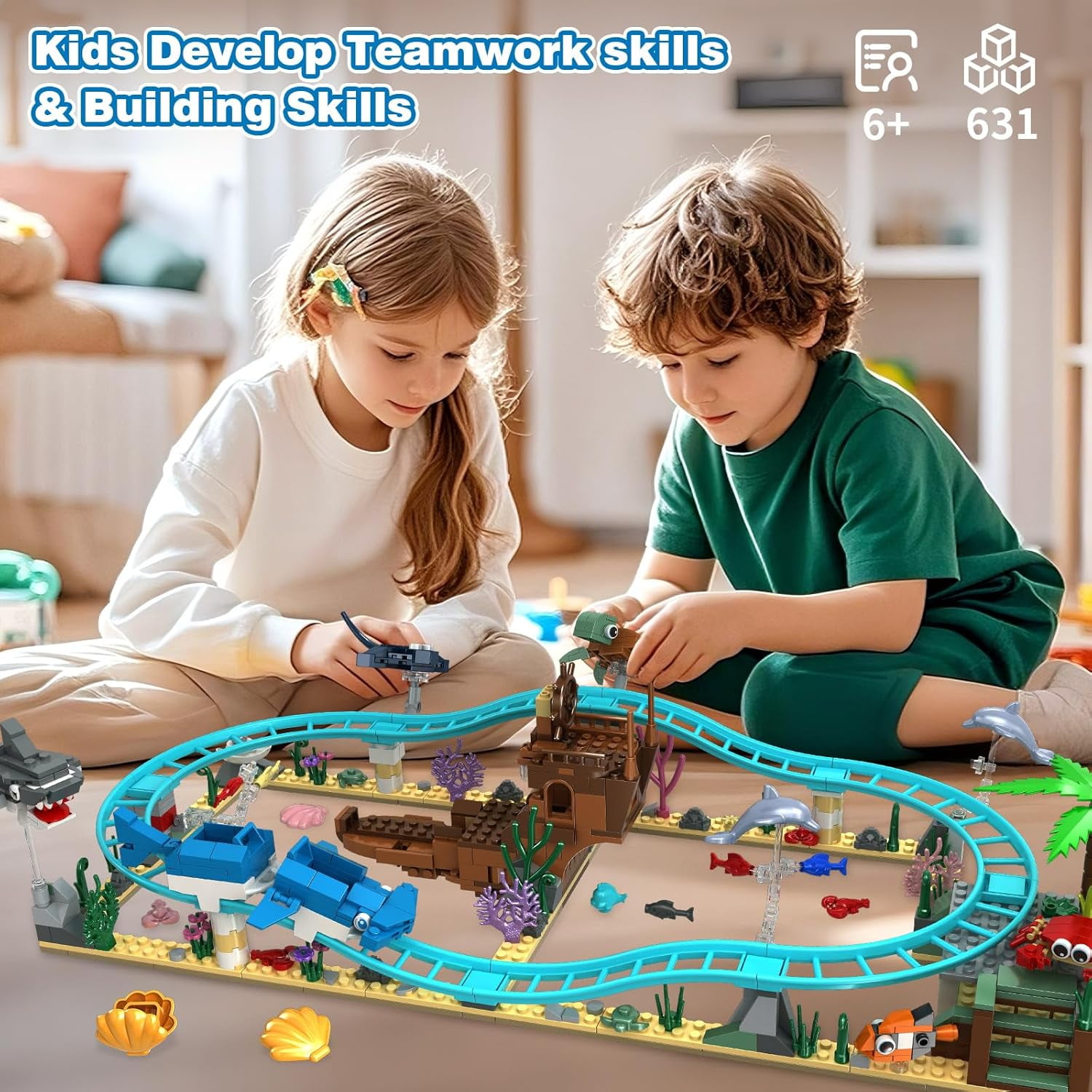 Ocean Roller Coaster, Explorer Ship Building Toy Set Compatible with Lego, Sea Animal Toys Gifts for Girls Boys with Transformations from Shark, Dolphin, Turtle, Fish building set